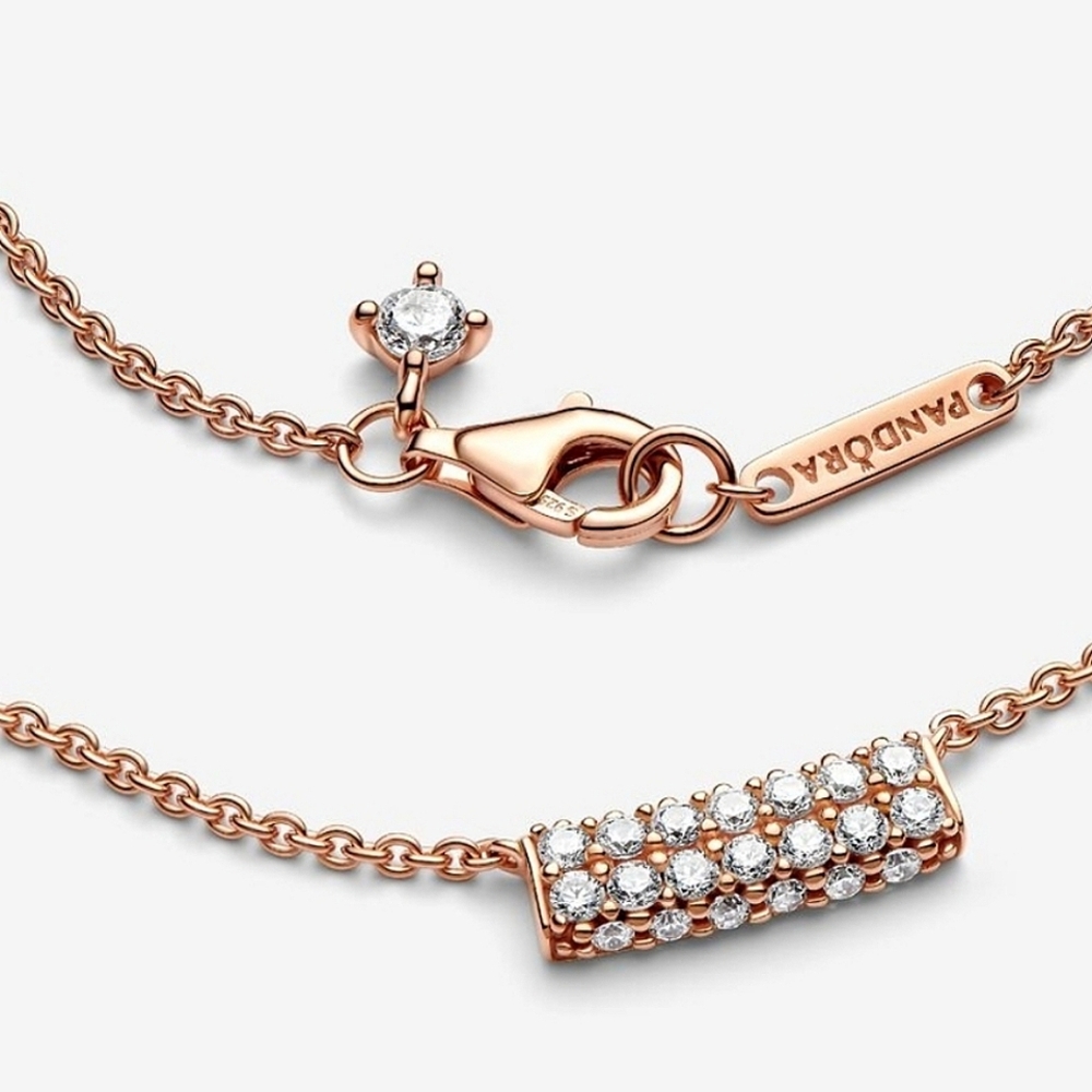 Authentic NEW Pandora Timeless Pavé Double-row CZ Bar Collier Necklace 14kRGP - Picture 3 of 11